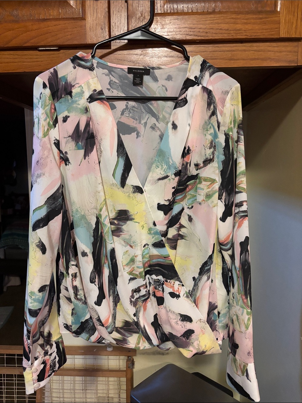 Halogen Pastel Abstract Wrap Blouse - White, Pink, Mint, Yellow, Black